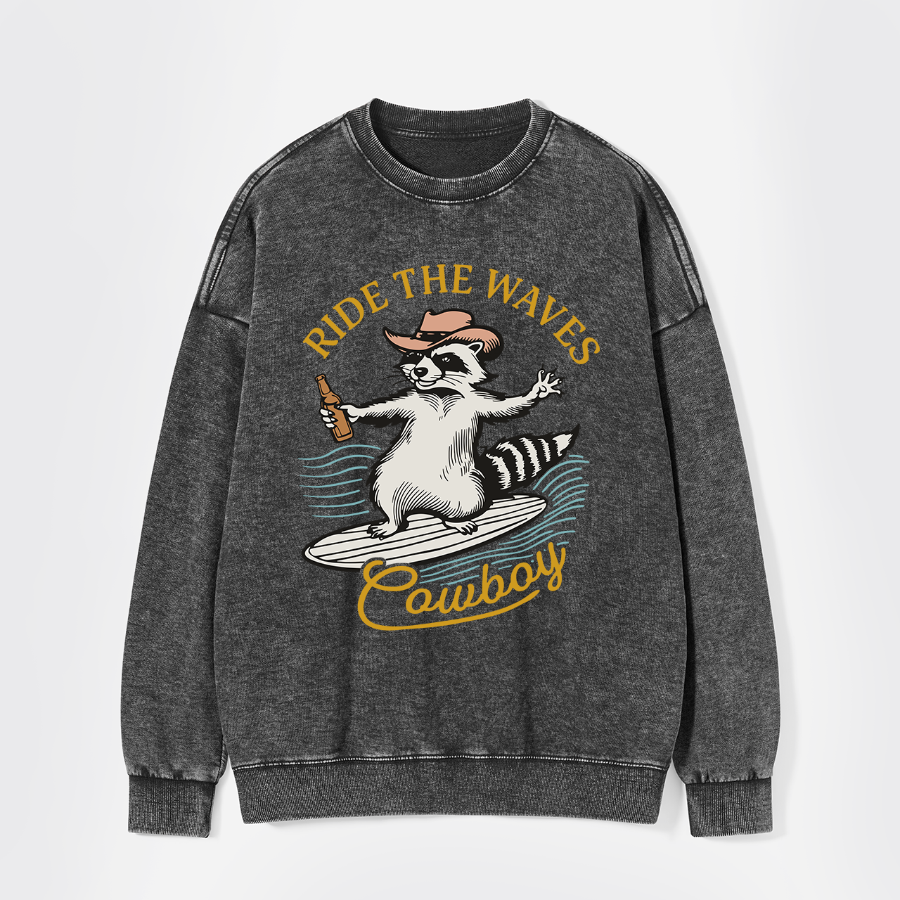 Surfing Cowboy Raccoon With Beer Washed Sweatshirts