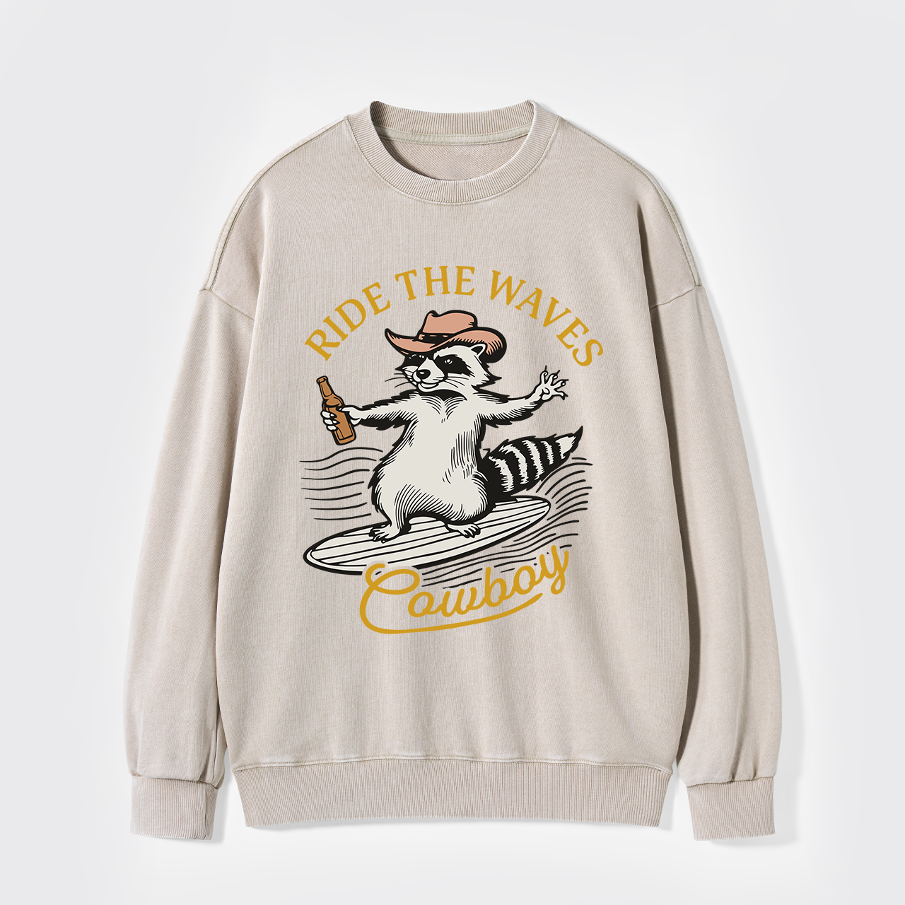 Surfing Cowboy Raccoon With Beer Washed Sweatshirts