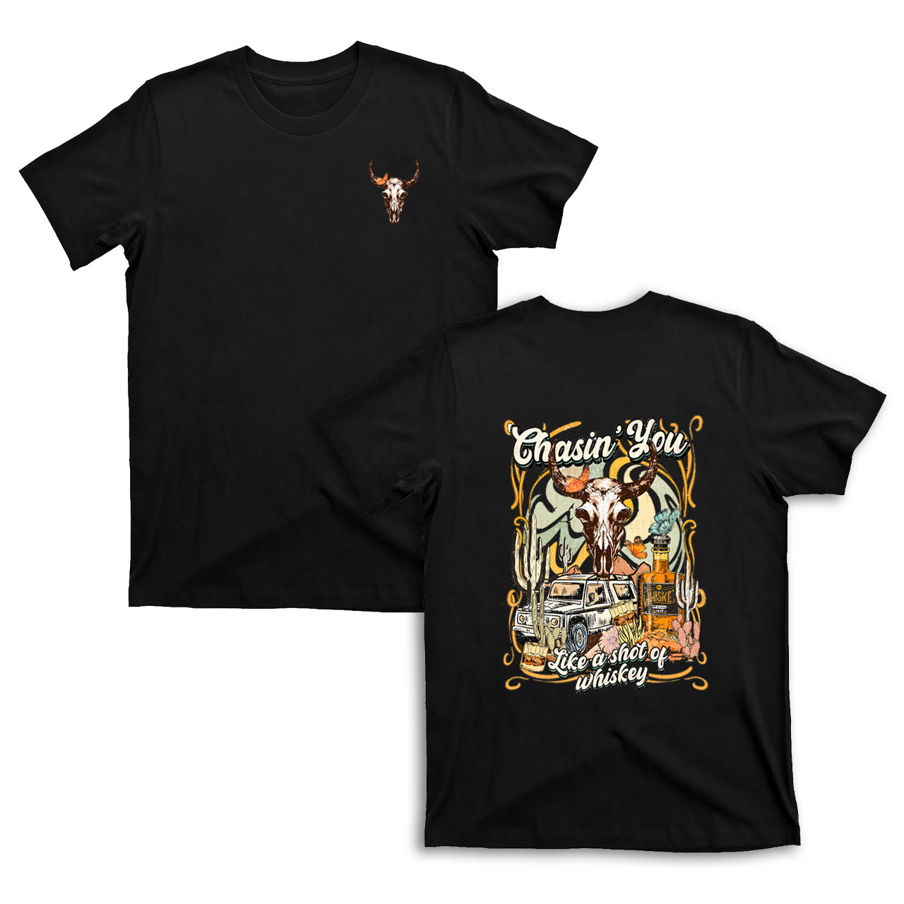 Western Boho Cow Skull Whiskey Drinking T-Shirts