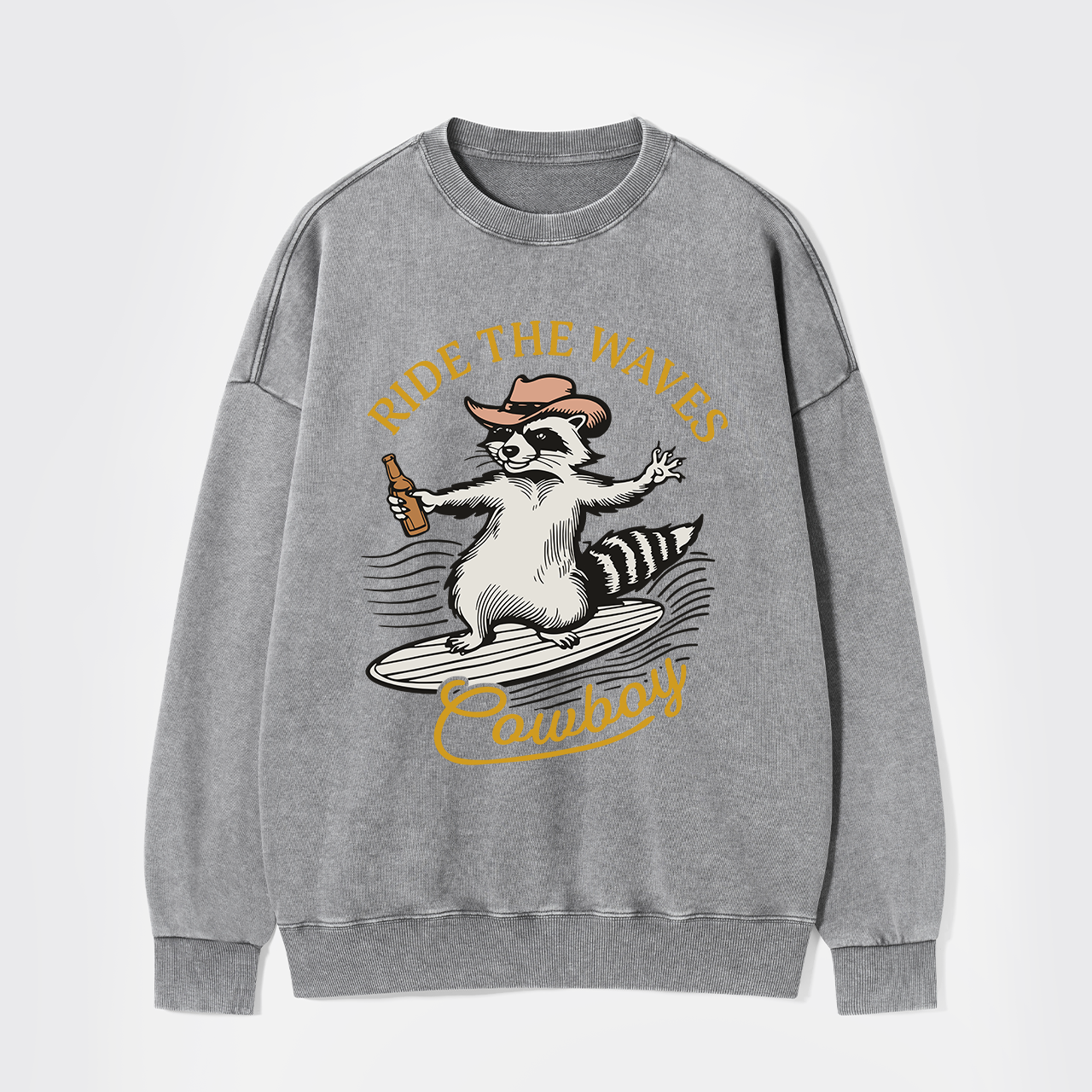 Surfing Cowboy Raccoon With Beer Washed Sweatshirts