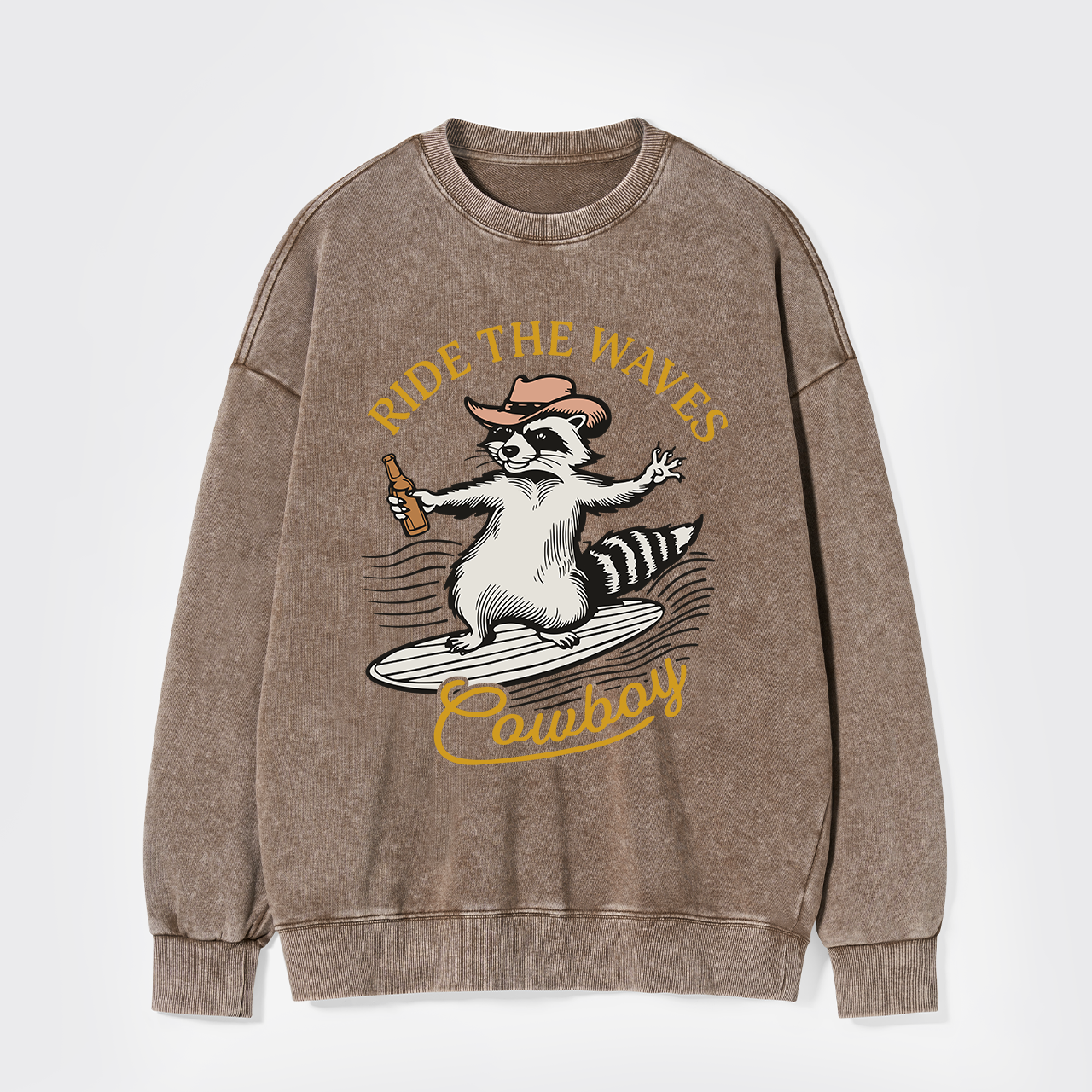 Surfing Cowboy Raccoon With Beer Washed Sweatshirts