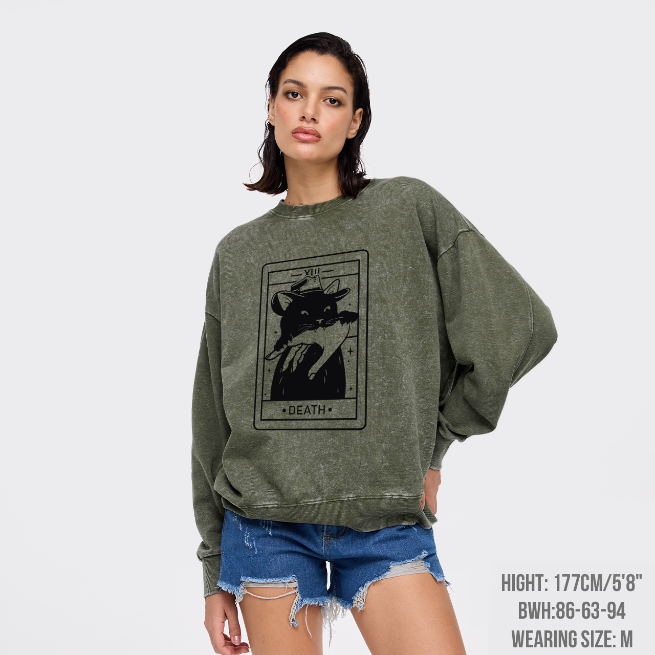 Tarot Death Witchy Cat Washed Sweatshirts