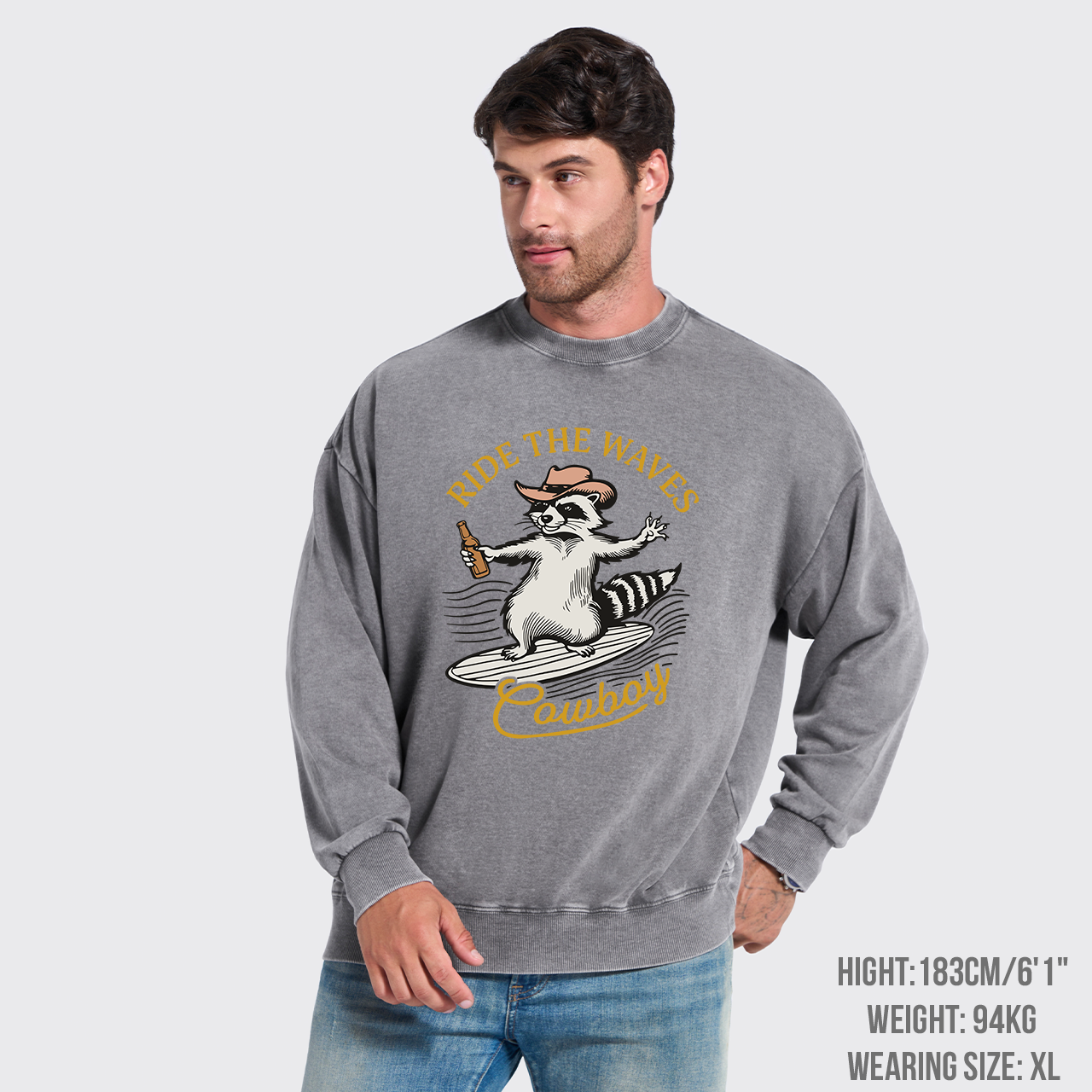 Surfing Cowboy Raccoon With Beer Washed Sweatshirts