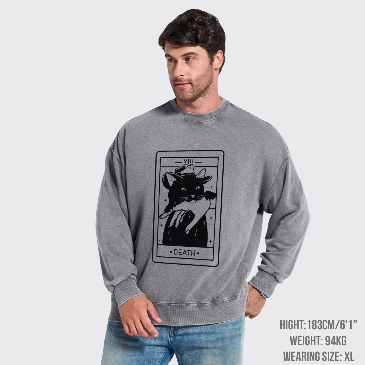 Tarot Death Witchy Cat Washed Sweatshirts