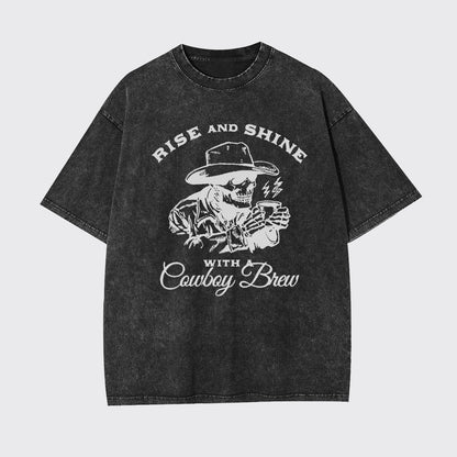 Cowboy Skeleton Funny Coffee Lover Garment-dye Tees