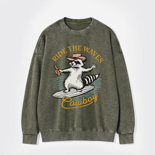 Surfing Cowboy Raccoon With Beer Washed Sweatshirts