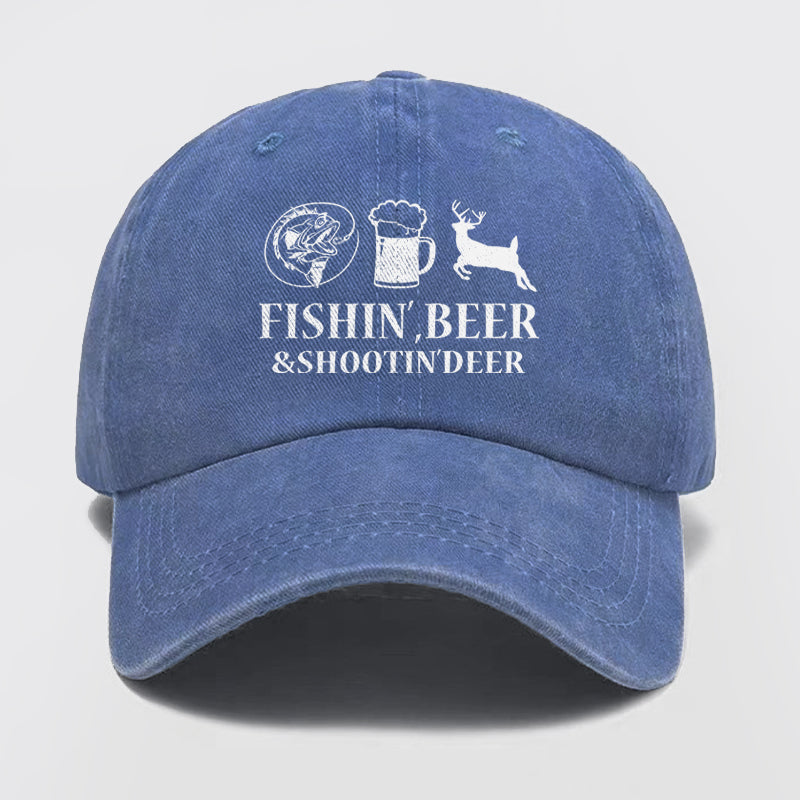Fishin', Beer & Shootin' Deer Washed Baseball Cap