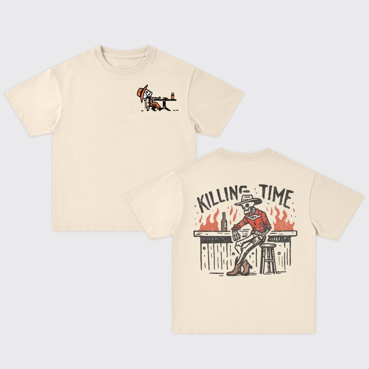 Killing Time-Cowboy Skeleton At Bar Oversize T-Shirts