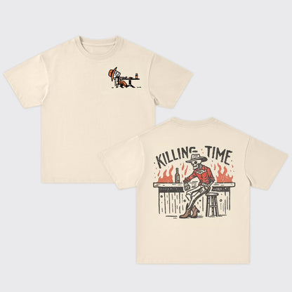 Killing Time-Cowboy Skeleton At Bar Oversize T-Shirts