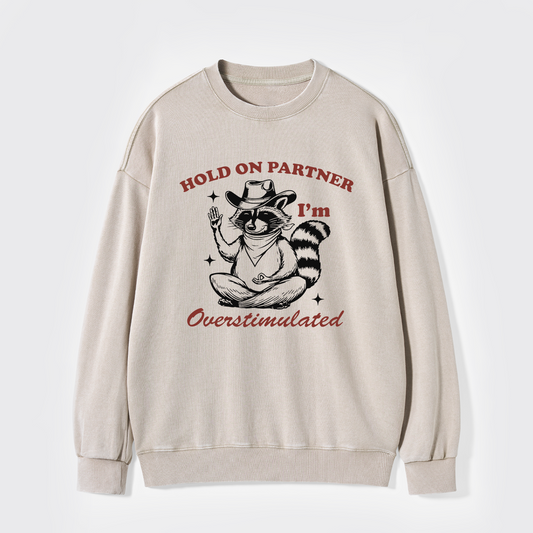 Hold On Partner I'm Overstimulated Washed Sweatshirts