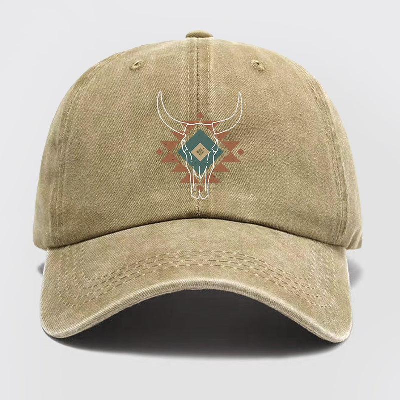 Aztec Cow Skull South Western Washed Baseball Cap