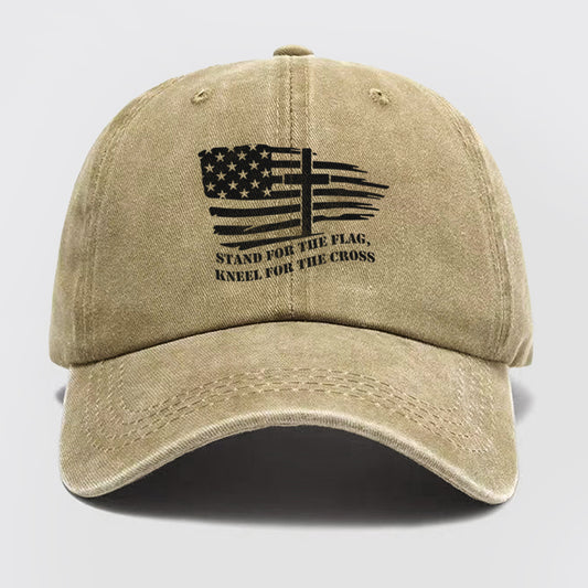 American Flag With Cross Washed Baseball Cap