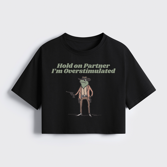 Hold On Im Overstimulated Cowboy Frog Cropped Boxy Tee