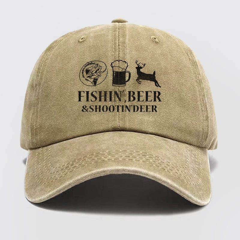 Fishin', Beer & Shootin' Deer Washed Baseball Cap