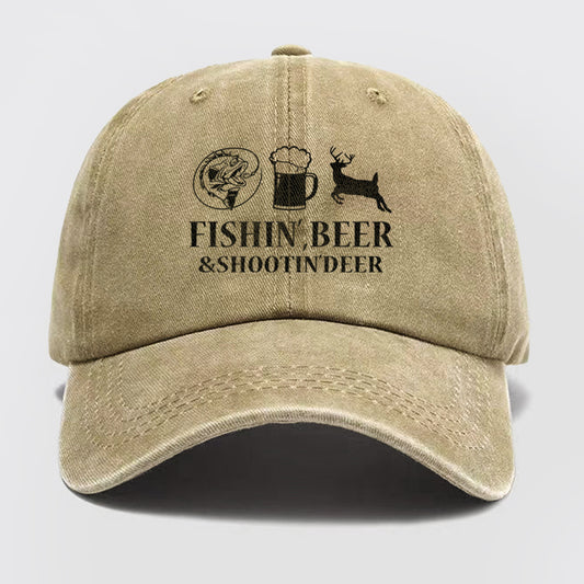 Fishin', Beer & Shootin' Deer Washed Baseball Cap