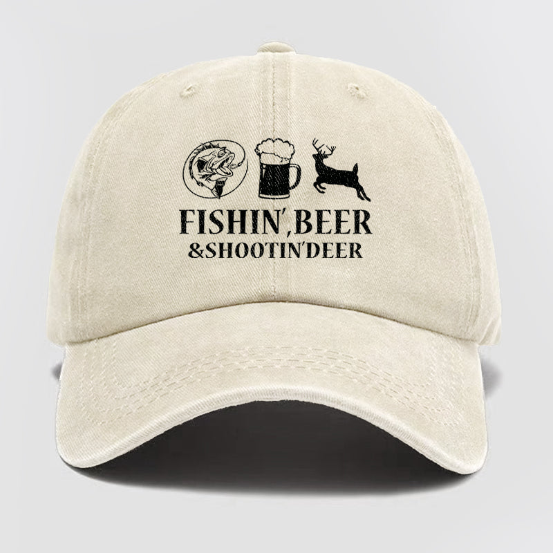 Fishin', Beer & Shootin' Deer Washed Baseball Cap