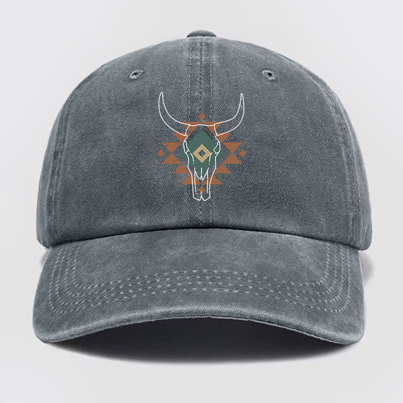 Aztec Cow Skull South Western Washed Baseball Cap