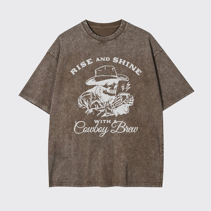 Cowboy Skeleton Funny Coffee Lover Garment-dye Tees