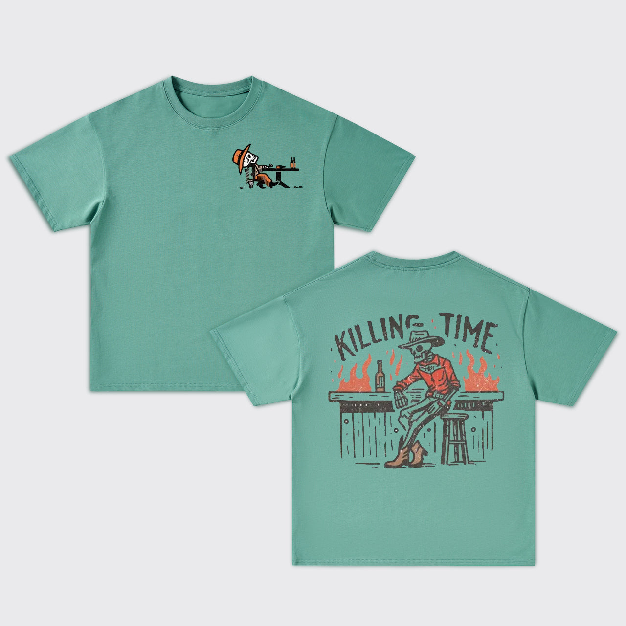 Killing Time-Cowboy Skeleton At Bar Oversize T-Shirts