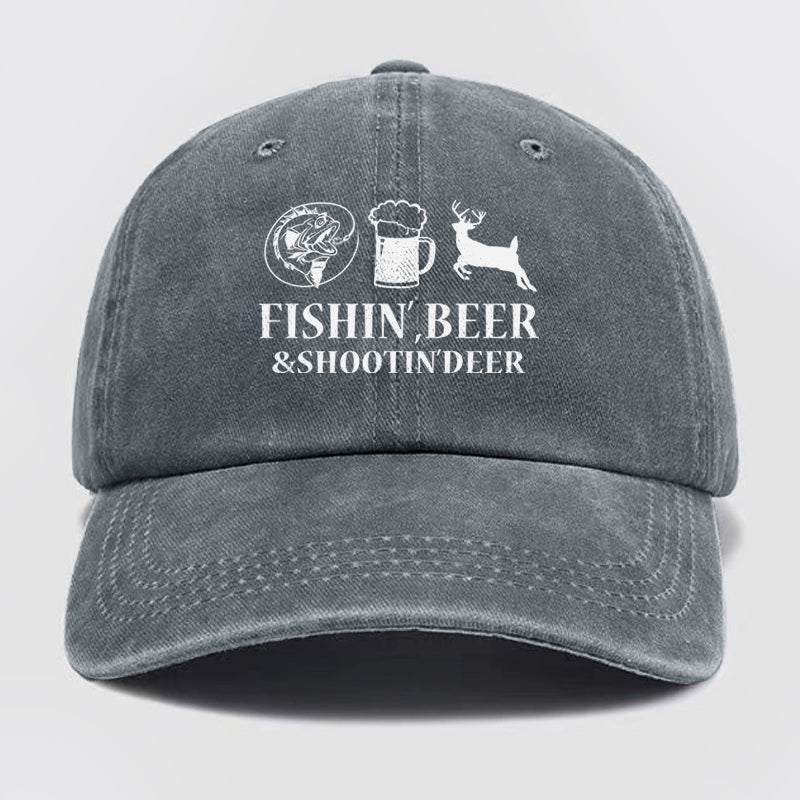 Fishin', Beer & Shootin' Deer Washed Baseball Cap