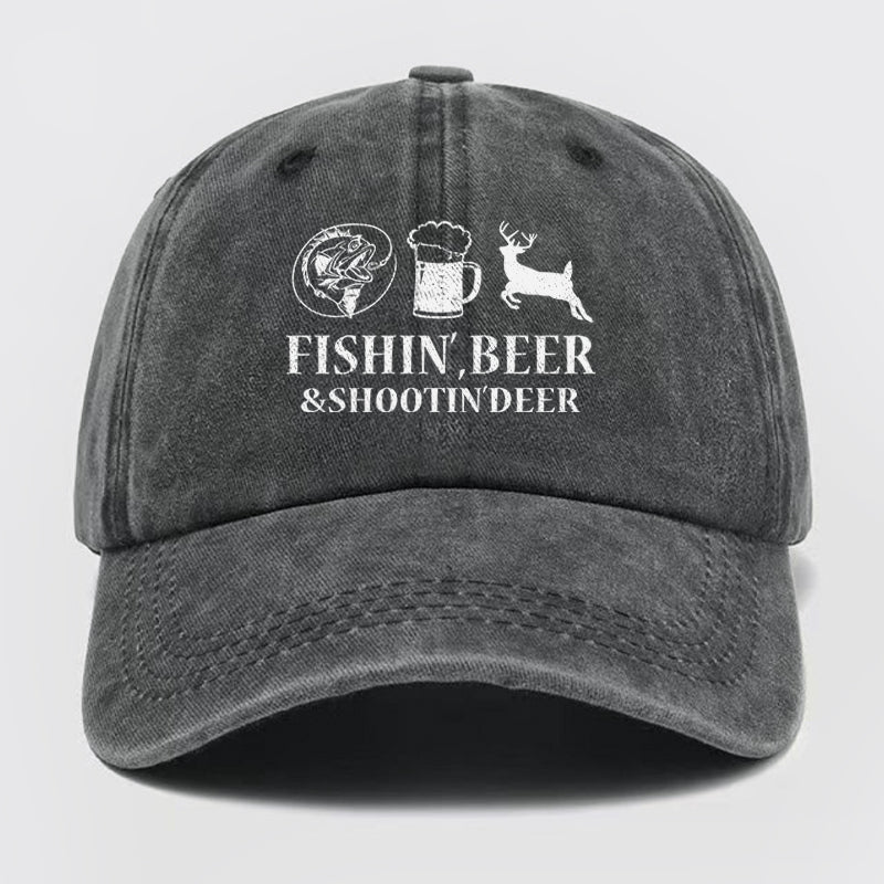 Fishin', Beer & Shootin' Deer Washed Baseball Cap