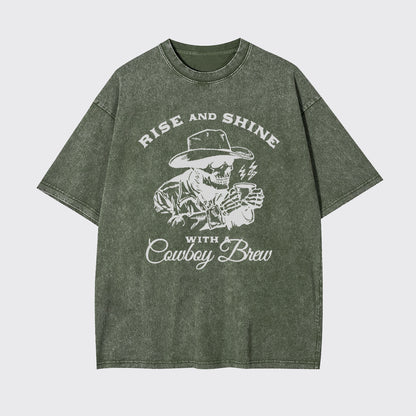 Cowboy Skeleton Funny Coffee Lover Garment-dye Tees