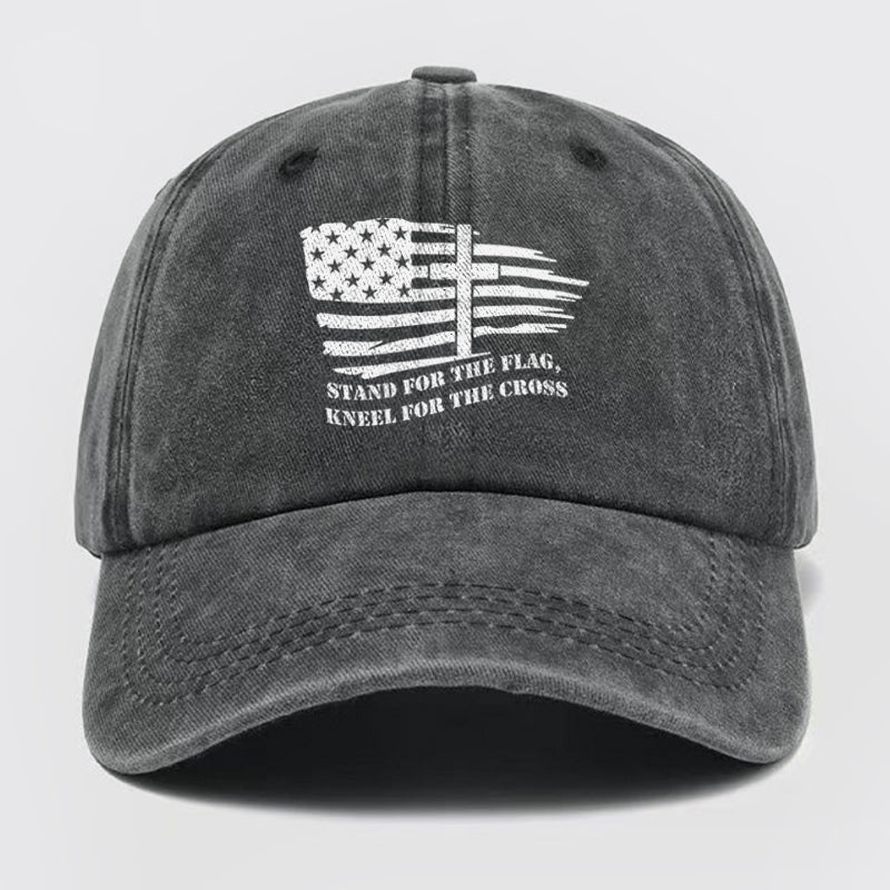 American Flag With Cross Washed Baseball Cap