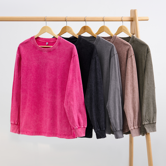 Washed Long Sleeves 5 Pack:Rose Red,Black,Gray,Brown,Army Green