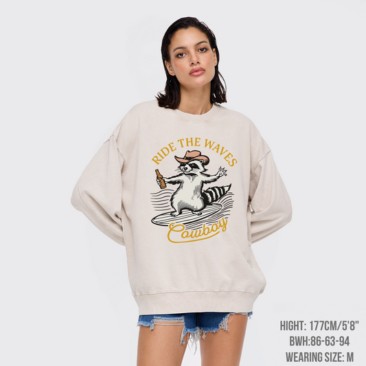 Surfing Cowboy Raccoon With Beer Washed Sweatshirts