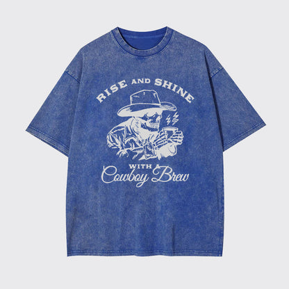 Cowboy Skeleton Funny Coffee Lover Garment-dye Tees