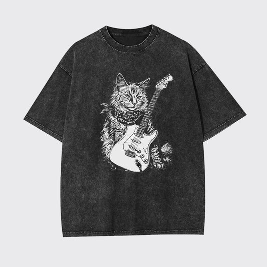 Cat Playing Guitar Punk Rock Garment-dye Tees