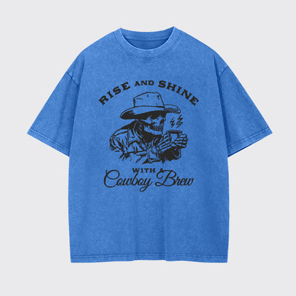 Cowboy Skeleton Funny Coffee Lover Garment-dye Tees